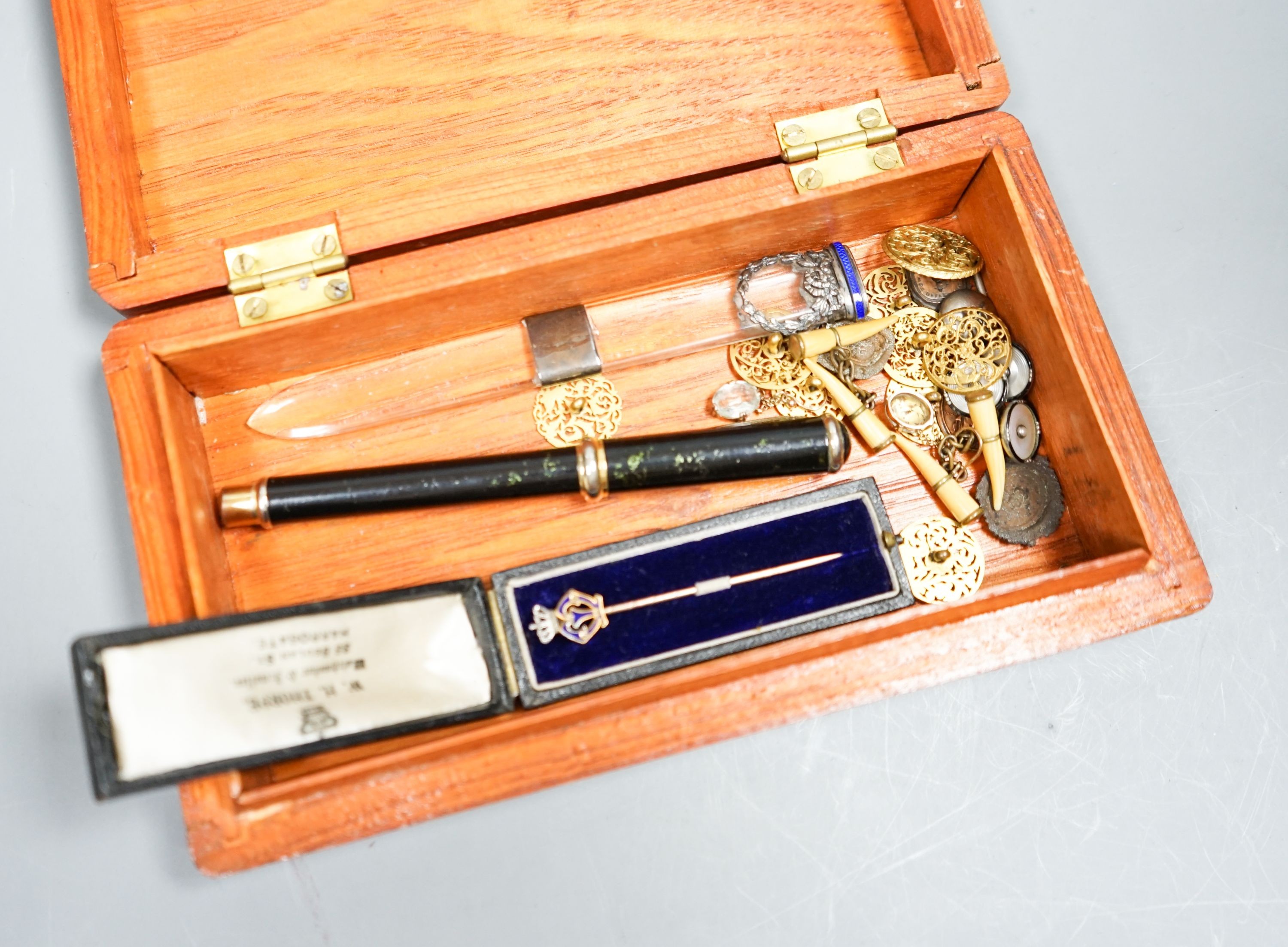 A yellow metal coronet stickpin enamelled white metal mounted paper knife, fountain pen, cufflinks, etc.